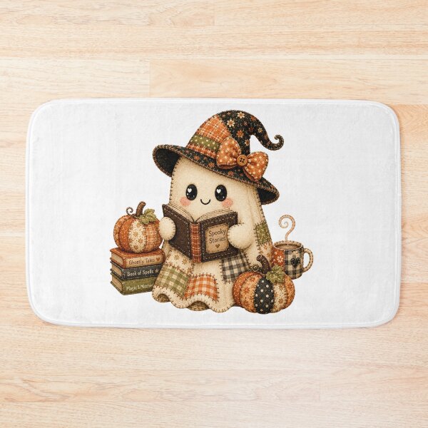 Item preview, Cute Patchwork Ghost Reading Book | Cozy Halloween Book Lover Cottagecore Art designed and sold by MolliesBoutique.