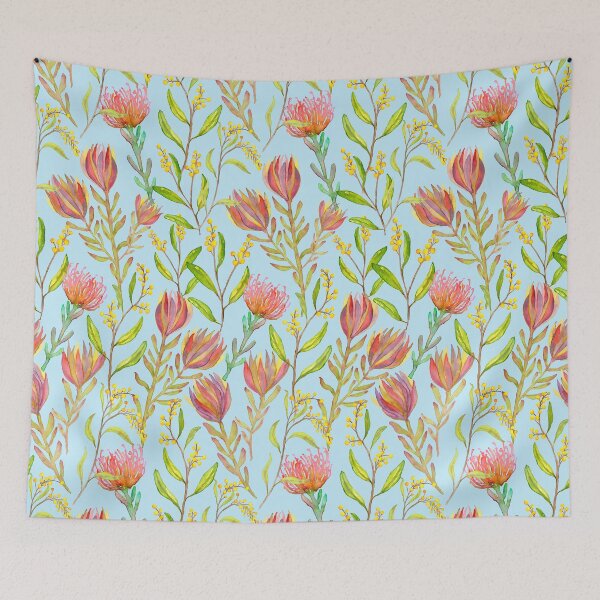 Item preview, Protea Watercolour Floral/Exotic Vibrant Botanical on Blue designed and sold by Moritza Jarman Design.