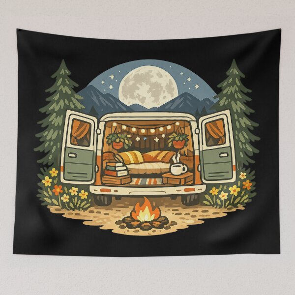 Item preview, Cozy Camper Van Campfire Moonlit Illustration designed and sold by ArtoryWorks.