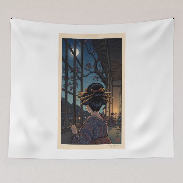 Item preview, Geisha Gazing at Full Moon and Cherry Blossoms Japanese Ukiyo-e Art designed and sold by TokyoUkiyoHouse.