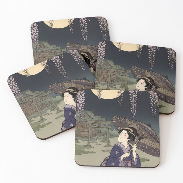 Item preview, Geisha under Wisteria and Full Moon Japanese Ukiyo-e Art Poster designed and sold by TokyoUkiyoHouse.