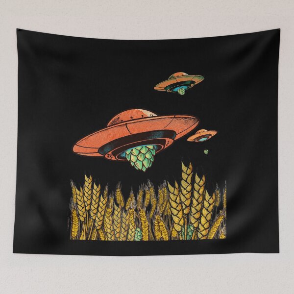 Item preview, UFO Hops and Barley Field - Retro Craft Beer Alien Abduction Art designed and sold by pulse_retail.
