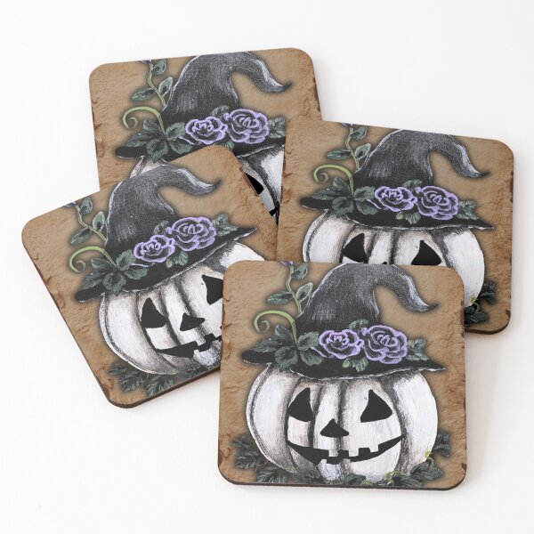 Item preview, Gothic White Jack-o'-Lantern with Witch Hat & Purple Roses designed and sold by ArtistsAtticWI.