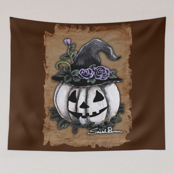 Item preview, Gothic White Jack-o'-Lantern with Witch Hat & Purple Roses designed and sold by ArtistsAtticWI.