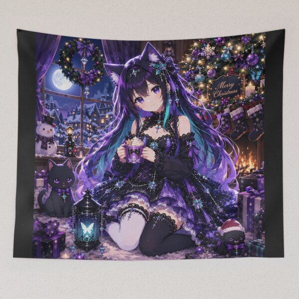 Item preview, Gothic Anime Christmas Girl with Cat – Purple Kawaii Holiday Design designed and sold by Revyra Design .
