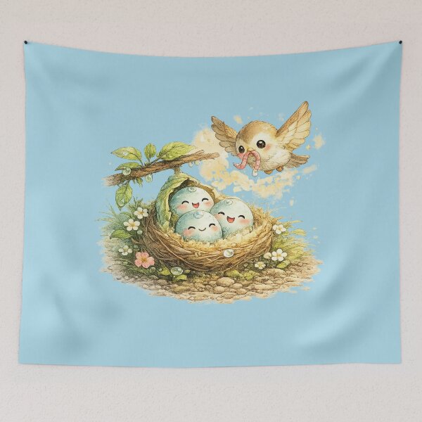 Item preview, Kawaii Bird Nest Illustration – Cute Spring Family Eggs and Worm Gift Art designed and sold by MagicMakerPh.