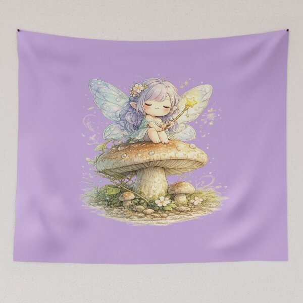 Item preview, Kawaii Fairy on Mushroom Illustration – Sleepy Pastel Forest Fairy Wall Art designed and sold by MagicMakerPh.
