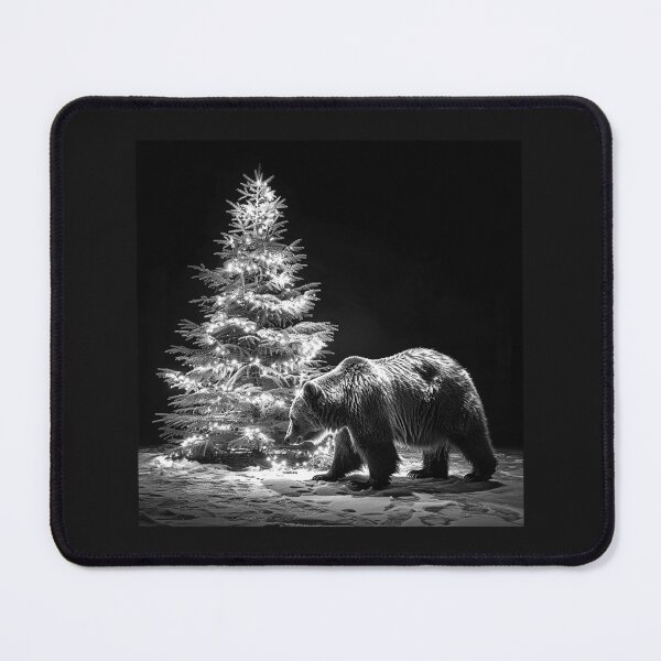 Item preview, Christmas Bear Beside Glowing Tree Black and White Winter Wildlife Art designed and sold by inkoutninja.