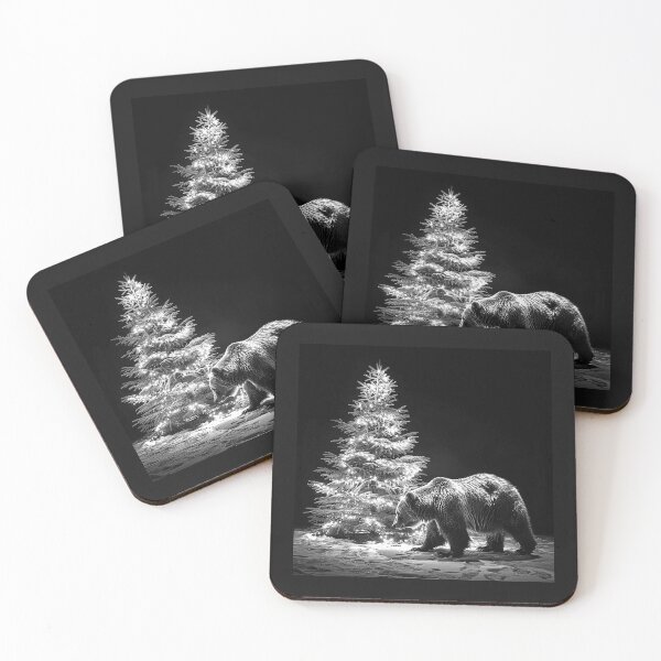 Item preview, Christmas Bear Beside Glowing Tree Black and White Winter Wildlife Art designed and sold by inkoutninja.
