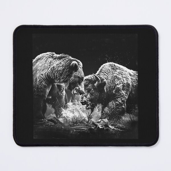 Item preview, Bear vs Bison Wildlife Clash Black and White Nature Illustration designed and sold by inkoutninja.