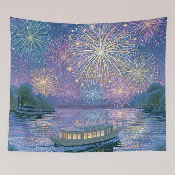 Artikelvorschau, Feuerwerk über dem Fluss entworfen und verkauft von bubblyrainbow.