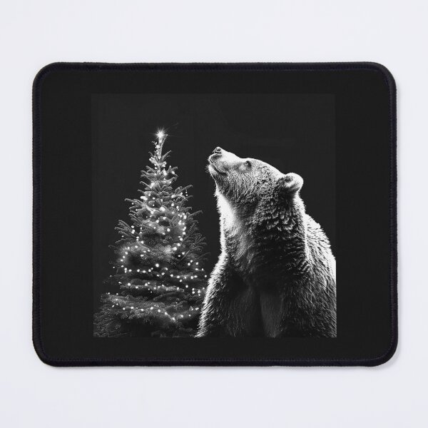 Item preview, Christmas Bear Howling Beside Glowing Tree Black and White Wildlife Art designed and sold by inkoutninja.