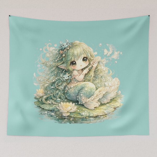 Item preview, Kawaii Mermaid Illustration – Cute Pastel Lily Pad Mermaid with Shell Comb designed and sold by MagicMakerPh.