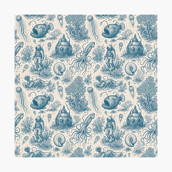 Item preview, Bioluminescent Deep Sea Toile Pattern Vintage Ocean designed and sold by StickyGuys.