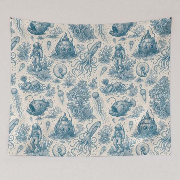 Item preview, Bioluminescent Deep Sea Toile Pattern Vintage Ocean designed and sold by StickyGuys.
