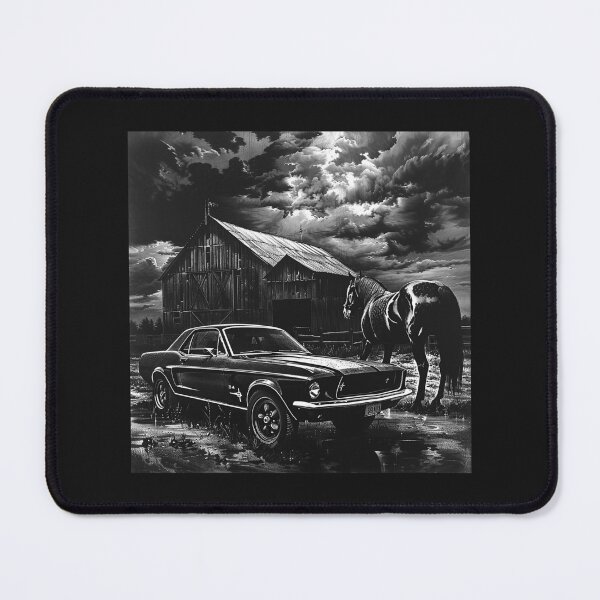 Item preview, Classic Mustang at Horse Barn Black and White Western Car Art designed and sold by inkoutninja.