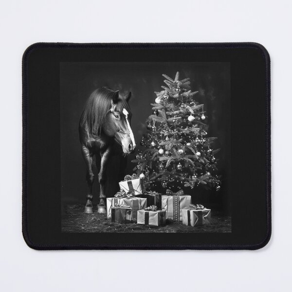 Item preview, Christmas Horse Beside Decorated Tree Black and White Holiday Art designed and sold by inkoutninja.