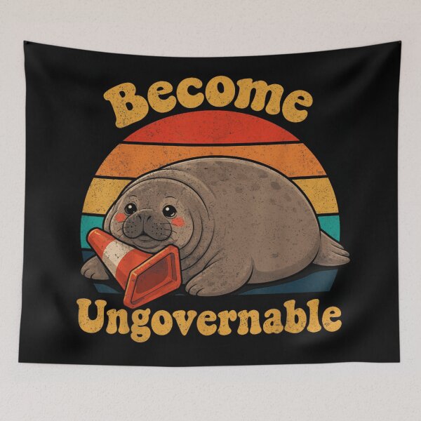 Item preview, Become Ungovernable Funny Seal Holding Traffic Cone Retro Sunset Style designed and sold by Taniyah Gomes.