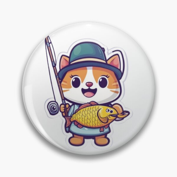 Item preview, "Cute Fishing Cat - Kawaii Angler Mascot" or "Happy Fisher Cat with Catch" Tags: designed and sold by NoFishToday.