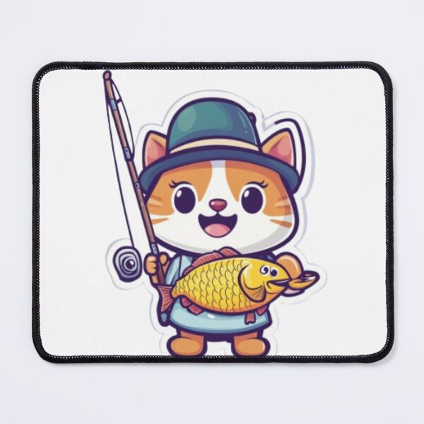 Item preview, "Cute Fishing Cat - Kawaii Angler Mascot" or "Happy Fisher Cat with Catch" Tags: designed and sold by NoFishToday.