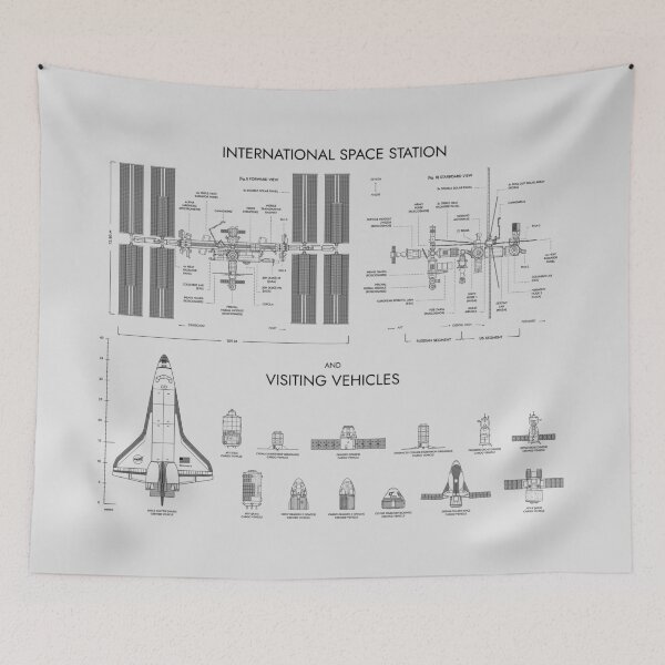 Item preview, International Space Station and Past Present and Future Visiting Vehicles (White Stencil - No Background Blueprint) designed and sold by BGALAXY.