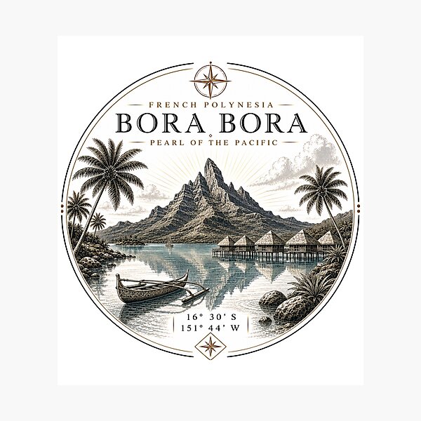 Item preview, Bora Bora Premium Line Art | Mount Otemanu & French Polynesia Coordinates  designed and sold by Nicole8912.