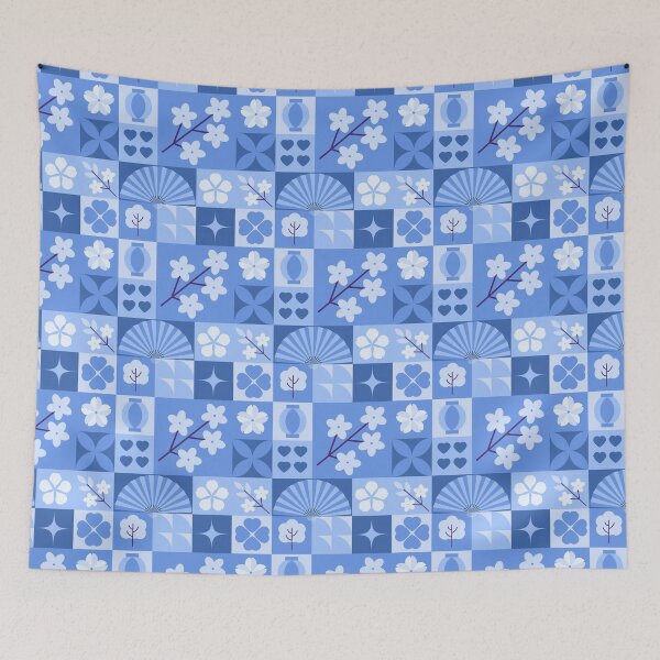 Item preview, Blue Tile Grid Pattern with Cherry Blossoms Vases and Geometric Shapes designed and sold by 555Design.