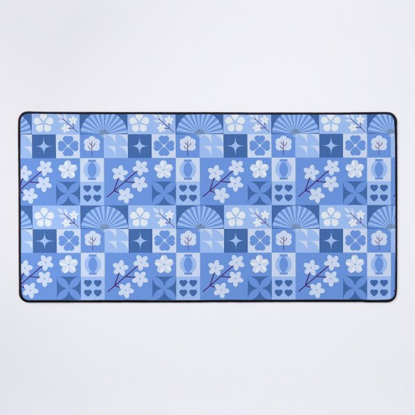 Item preview, Blue Tile Grid Pattern with Cherry Blossoms Vases and Geometric Shapes designed and sold by 555Design.