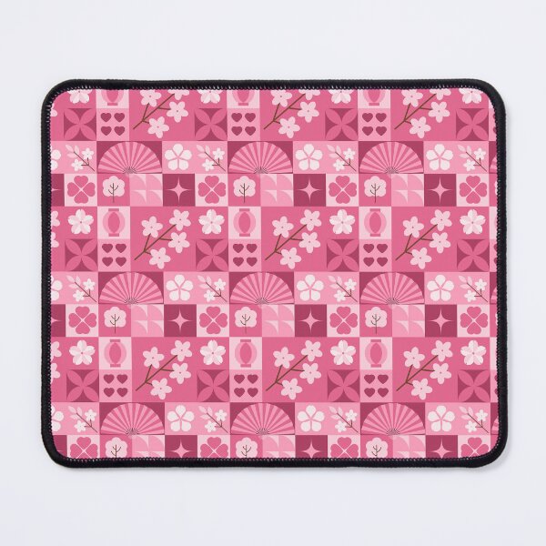 Item preview, Pink Tile Grid Pattern with Cherry Blossoms Vases and Geometric Shapes designed and sold by 555Design.