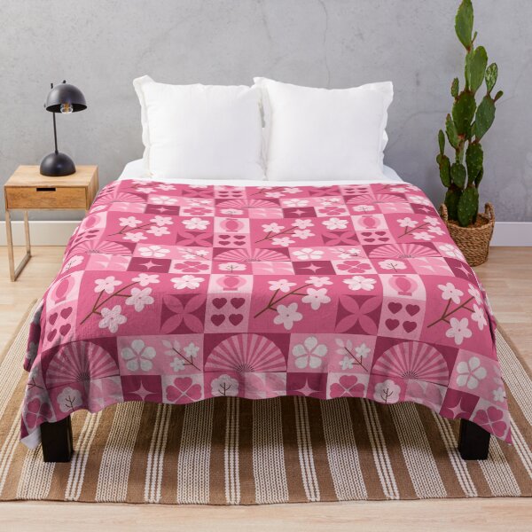 Item preview, Pink Tile Grid Pattern with Cherry Blossoms Vases and Geometric Shapes designed and sold by 555Design.