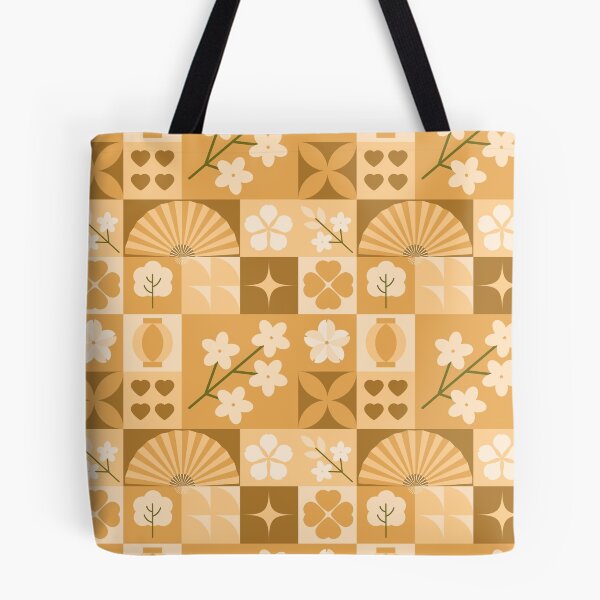 Item preview, Caramel Gold Tile Grid Pattern with Cherry Blossoms and Vases designed and sold by 555Design.