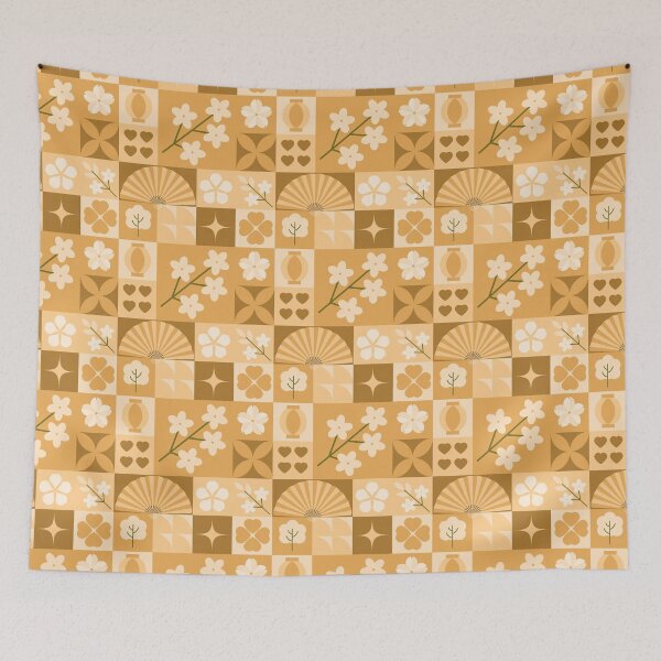 Item preview, Caramel Gold Tile Grid Pattern with Cherry Blossoms and Vases designed and sold by 555Design.