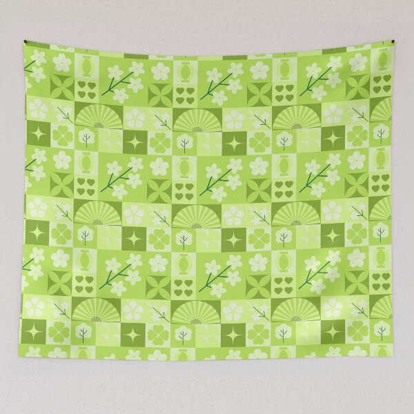 Item preview, Green Olive Tile Grid Pattern with Cherry Blossoms and Vases designed and sold by 555Design.