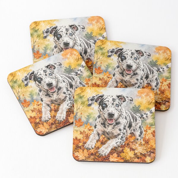 Item preview, Playful Catahoula Leopard Dog in Autumn Leaves Watercolor Art designed and sold by RebelPawz.