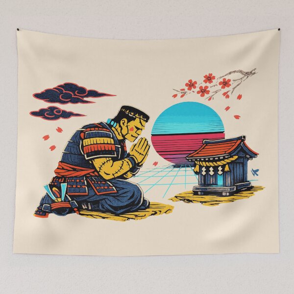 Item preview, Neon Ukiyo‑E Samurai Frankenstein Praying designed and sold by KungPowUnicorn.