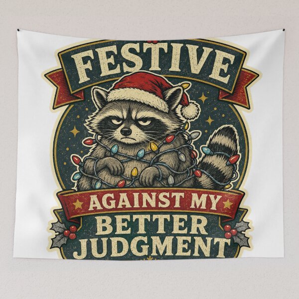 Item preview, Festive Against My Better Judgment Christmas Raccoon designed and sold by Peak Pop Studio..