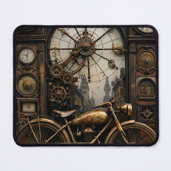 Item preview, Steampunk Motorcycle and Clockwork Workshop – Vintage Mechanical Fantasy Print designed and sold by Kaleidoscope Print.