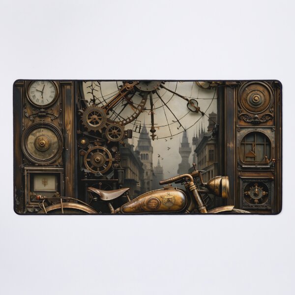 Item preview, Steampunk Motorcycle and Clockwork Workshop – Vintage Mechanical Fantasy Print designed and sold by Kaleidoscope Print.