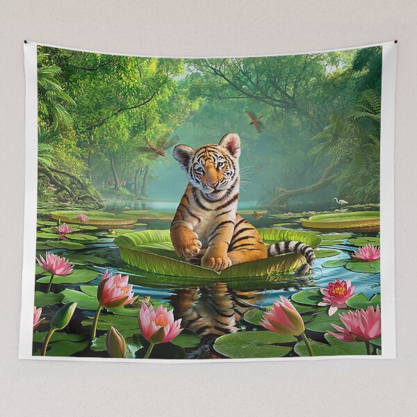 Item preview, Cute Tiger Cub On Lotus Leaf Jungle Fantasy designed and sold by jamesthomasw.