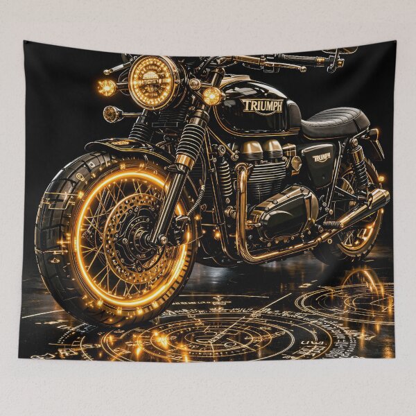 Item preview, Golden Neon Café Racer Motorcycle – Luxury Black Motorbike Art Print designed and sold by Kaleidoscope Print.