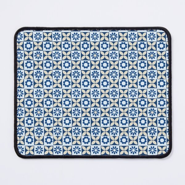 Item preview, Navy Beige Mediterranean Tile Pattern with Floral Clover Motifs designed and sold by 555Design.