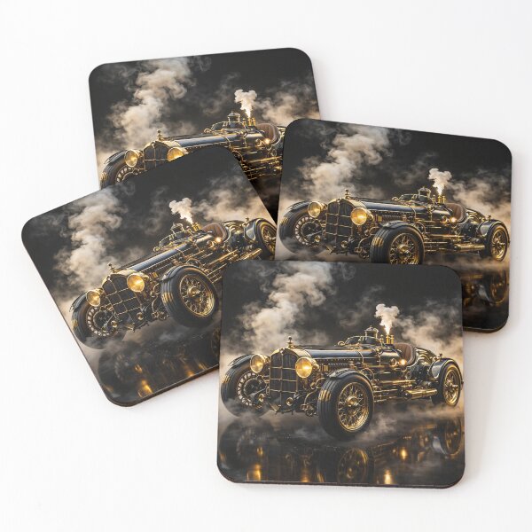 Item preview, Steampunk Racing Car in Black and Gold – Vintage Steam Roadster Art Print designed and sold by Kaleidoscope Print.