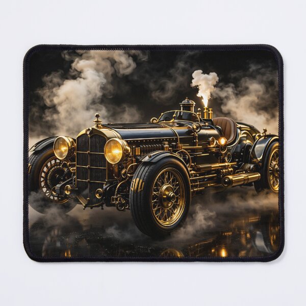 Item preview, Steampunk Racing Car in Black and Gold – Vintage Steam Roadster Art Print designed and sold by Kaleidoscope Print.