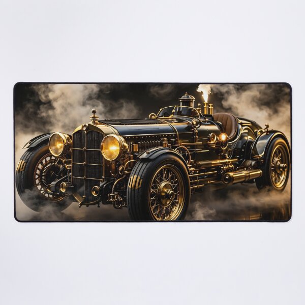 Item preview, Steampunk Racing Car in Black and Gold – Vintage Steam Roadster Art Print designed and sold by Kaleidoscope Print.