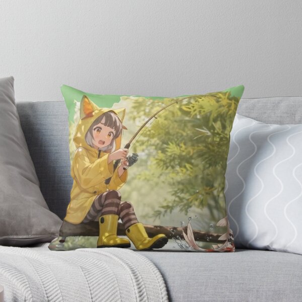 Item preview, Anime Girl Fishing in Yellow Raincoat – Cute Koi Fish Illustration Art designed and sold by BLUESKY11a.