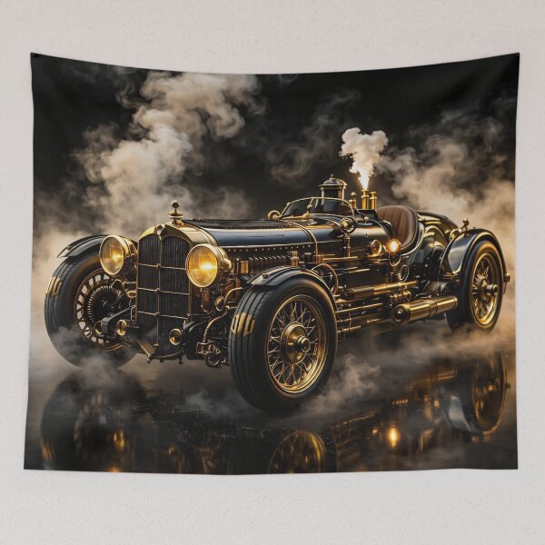 Item preview, Steampunk Racing Car in Black and Gold – Vintage Steam Roadster Art Print designed and sold by Kaleidoscope Print.