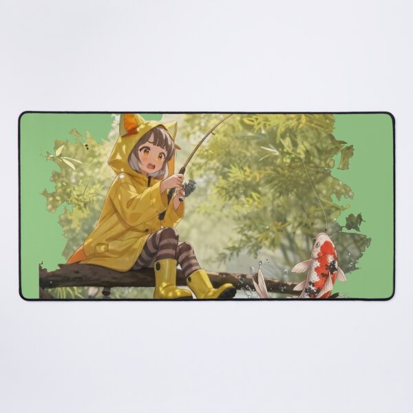 Item preview, Anime Girl Fishing in Yellow Raincoat – Cute Koi Fish Illustration Art designed and sold by BLUESKY11a.