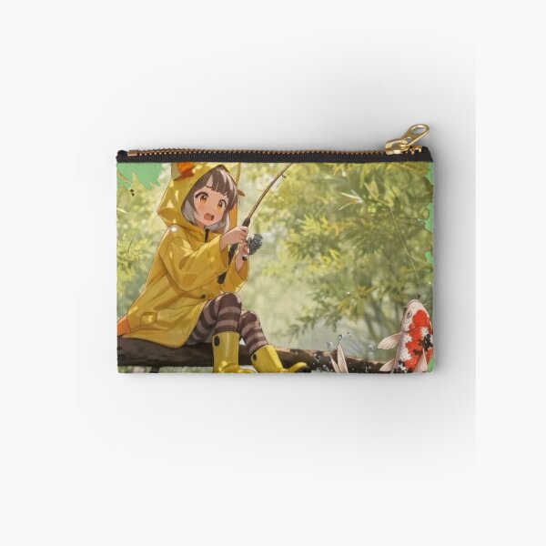 Item preview, Anime Girl Fishing in Yellow Raincoat – Cute Koi Fish Illustration Art designed and sold by BLUESKY11a.