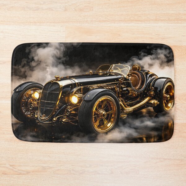 Aperçu de l'œuvre Roadster vintage noir et or – Impression de voiture de course rétro de luxe créée et vendue par Kaleidoscope Print.