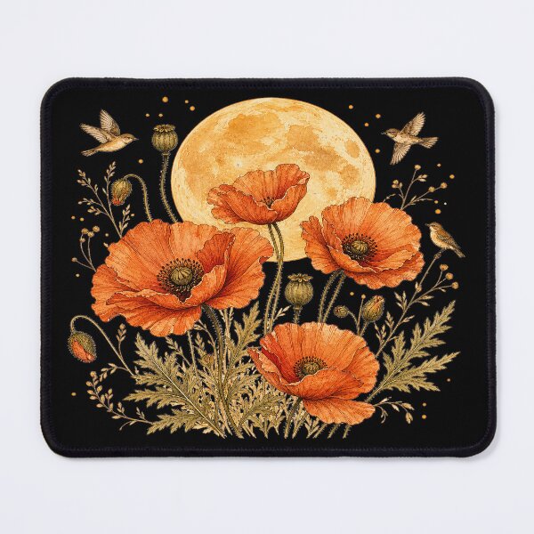 Item preview, Red Poppies Full Moon Songbirds Botanical designed and sold by SasmitaStudioCo.